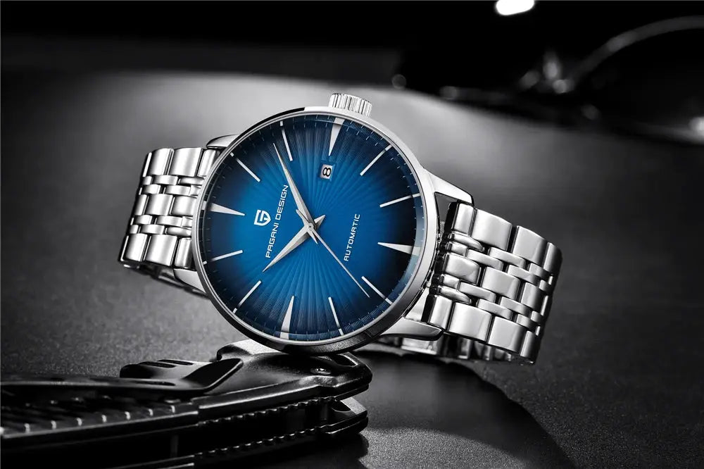 Pagani Design men's stainless steel watch with blue sunburst dial, date window, automatic movement