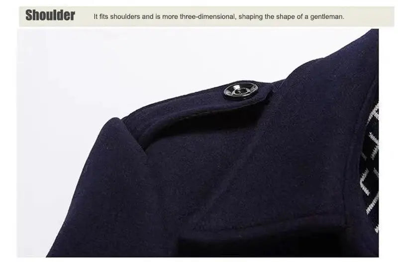 Winter men's navy wool coat by Simples Market with shoulder epaulet and button detail