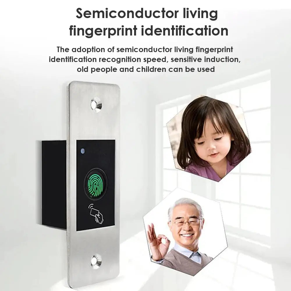 Simples Market RFID fingerprint door access reader; compact metal unit, IP66 waterproof, 9–18V powered, 100-user capacity