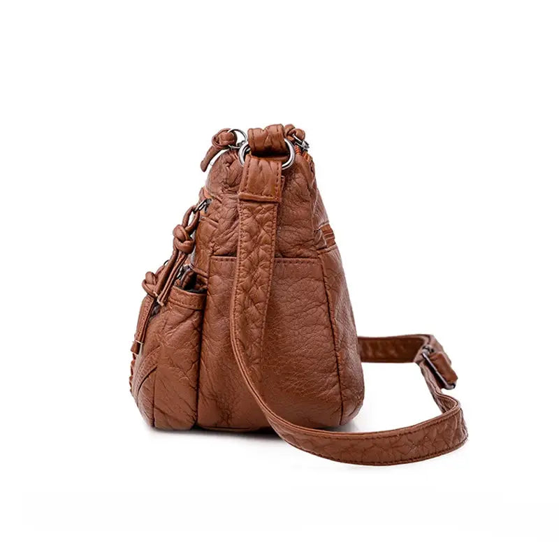 Brown textured PU leather women's messenger bag with adjustable shoulder strap
