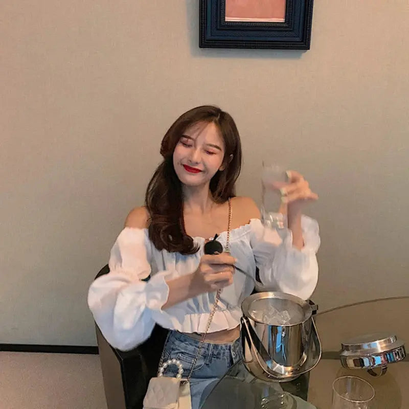 Simples Market white off-shoulder puff-sleeve blouse, cropped long-sleeve top with ruffle detail