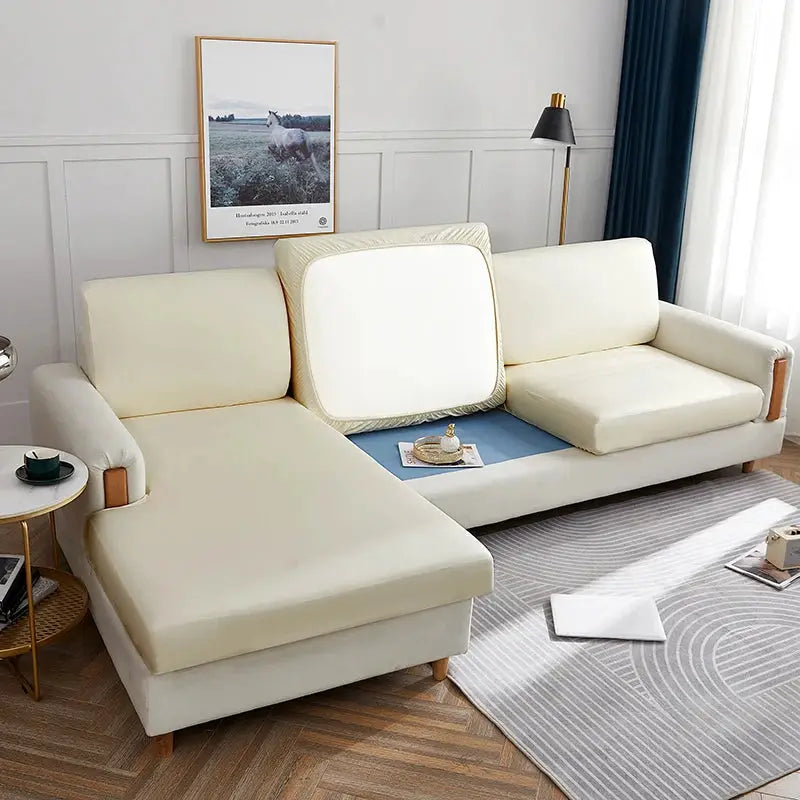 Corner sofa slipcover in ivory PU, waterproof, elastic stretch couch cover