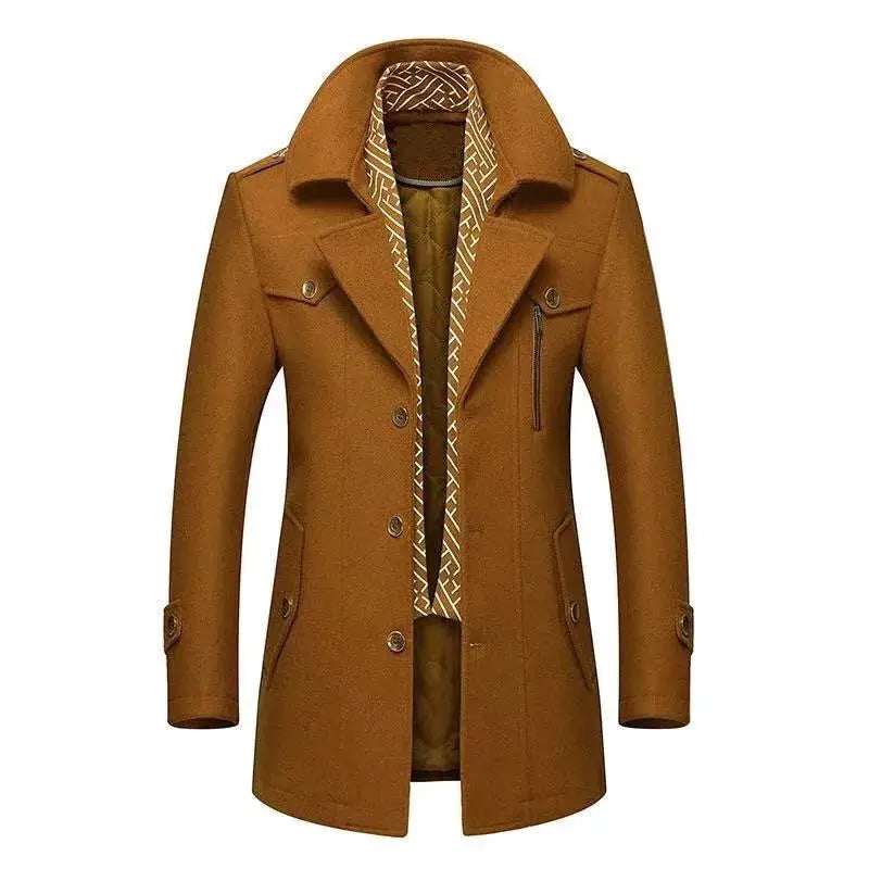 Winter men's wool coat with scarf-collar, camel-brown, button-front