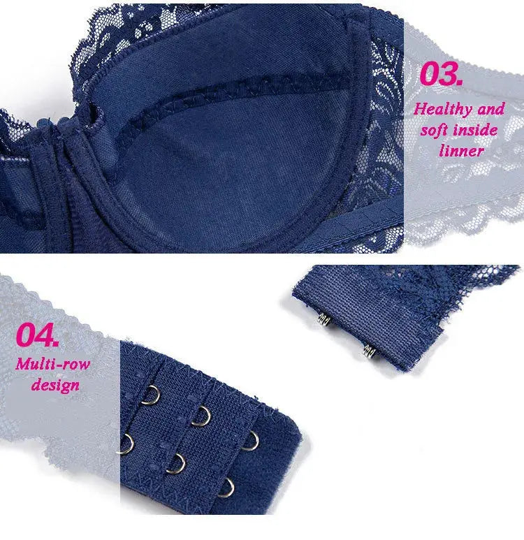 Women's navy lace underwire push-up bra by Simples Market with multi-row hook-and-eye closure