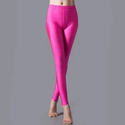 Simples Market women's shiny pink leggings; fluorescent color, stretchy spandex casual trousers.