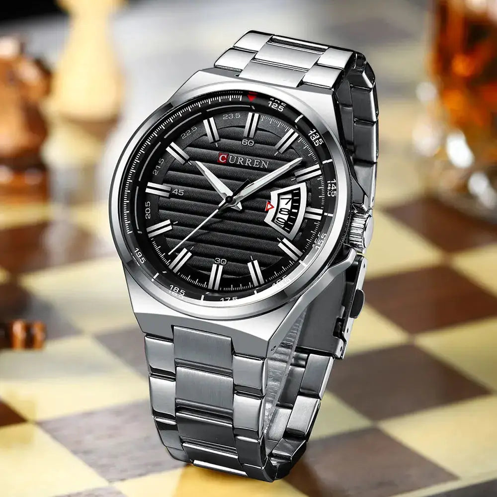 CURREN men's luxury watch with stainless steel band, black textured dial and date display