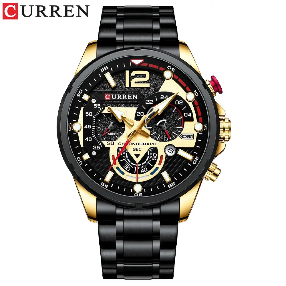 CURREN stainless steel chronograph wristwatch for men, black and gold, waterproof