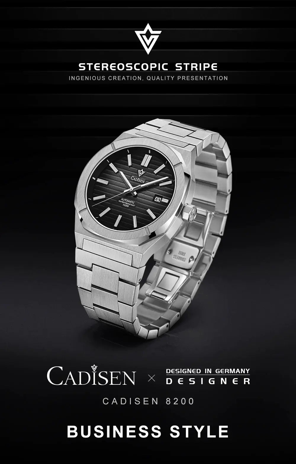 CADISEN stainless steel diver watch with black striped dial, automatic movement, luminous markers, and date window