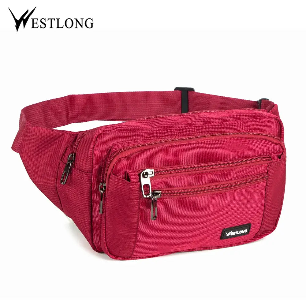Westlong red waist pack with multiple zip pockets, nylon fanny bag for men and women
