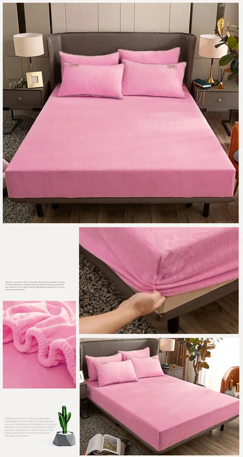 AISIRUI pink plush fitted sheet with elastic edges for double bed, coral fleece texture