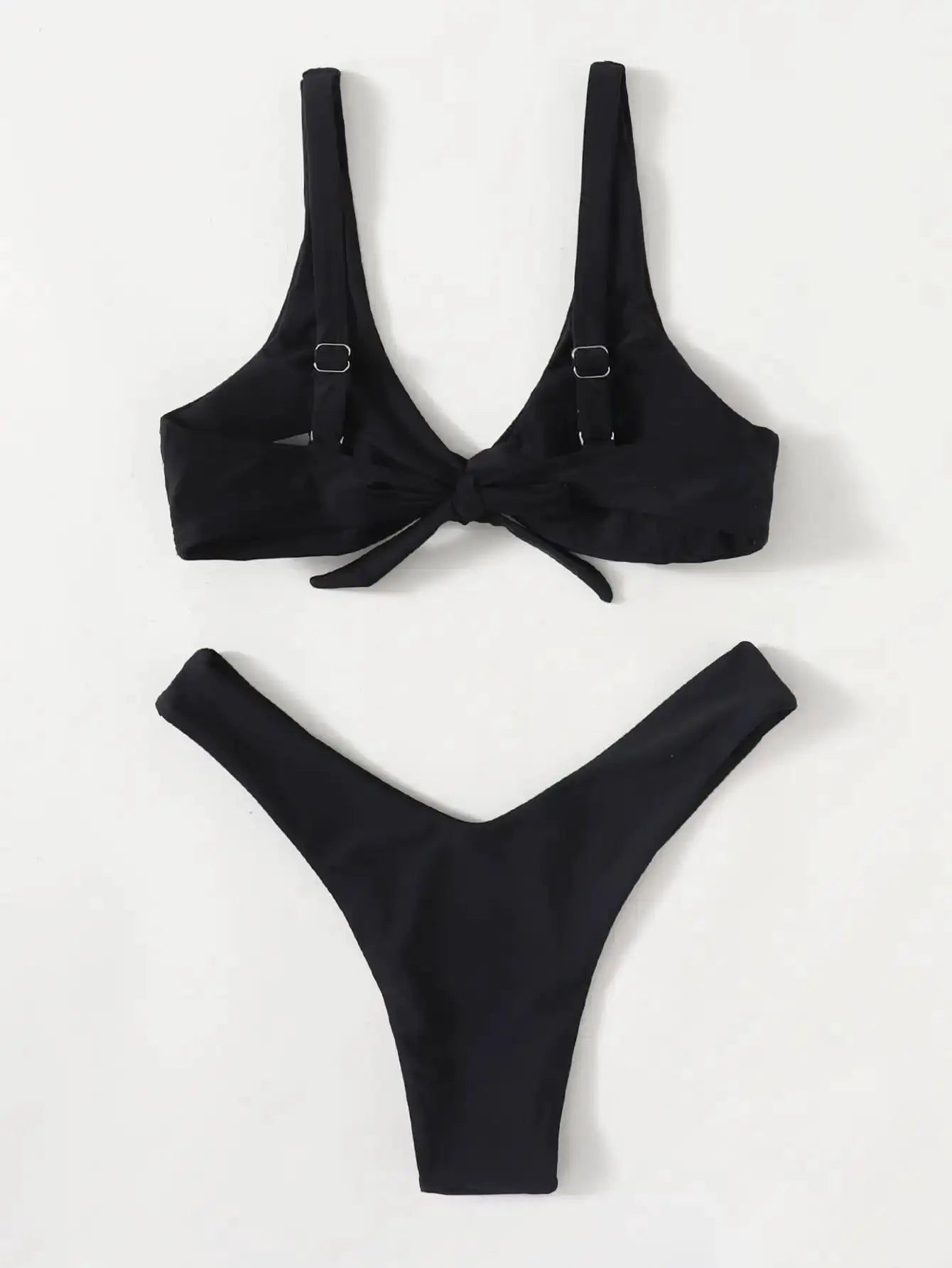 ZTVitality solid black bikini set with padded top, tie-front knot, and high-leg bottoms