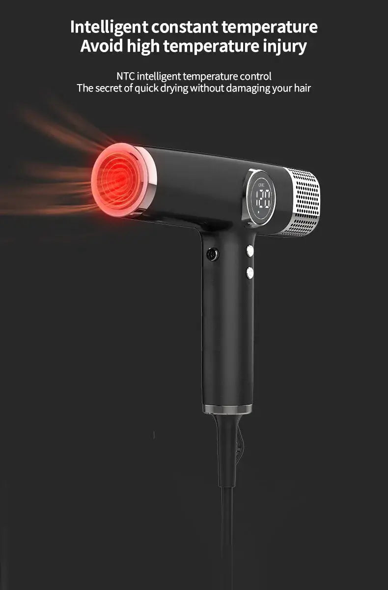 Hair dryer with black body, digital display and red-lit nozzle