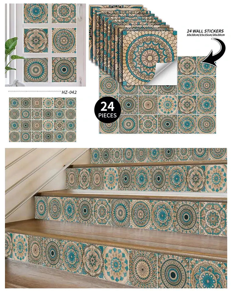 24-piece self-adhesive tile sticker set with teal and beige mandala patterns for walls, kitchens and bathrooms