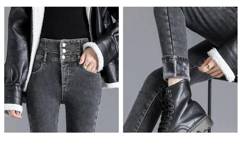Thermal Winter Thick Fleece High Waist Stretch Skinny Jeans For Women