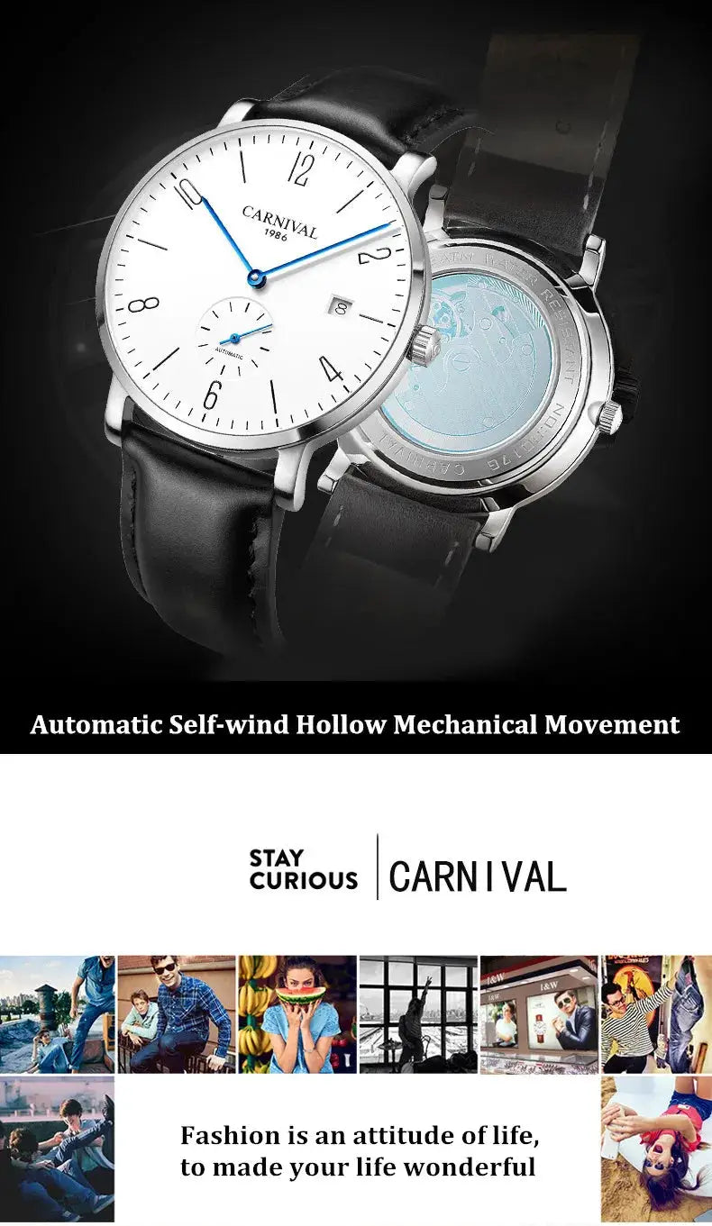 Carnival men's automatic wristwatch with white dial, blue hands, stainless steel case, black leather strap