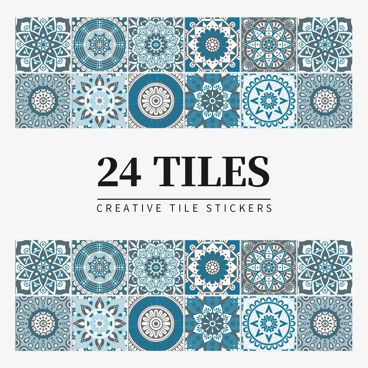 24-piece light blue mandala tile sticker set for walls; self-adhesive, waterproof decals by Simples Market