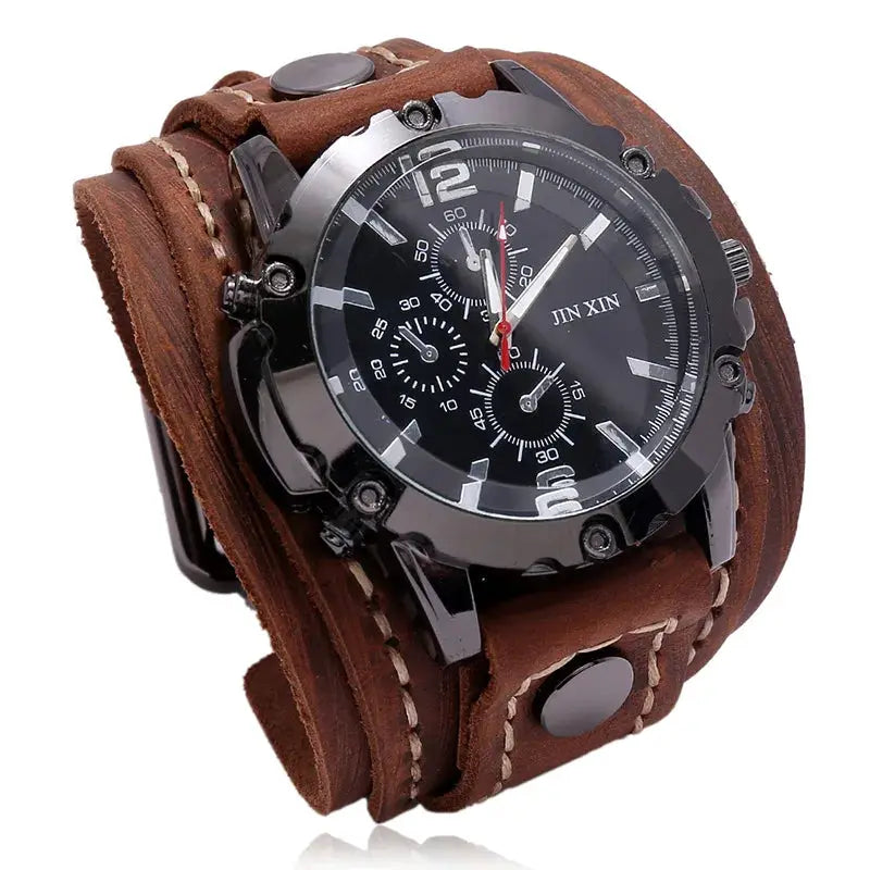 Rogue Punk Style Mens Quartz Watch With Wide Genuine Cowhide Leather Strap And Luminous Dial