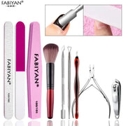 Manicure set with pink and white files, brush and cuticle tools; FABIYAN branded stainless steel kit