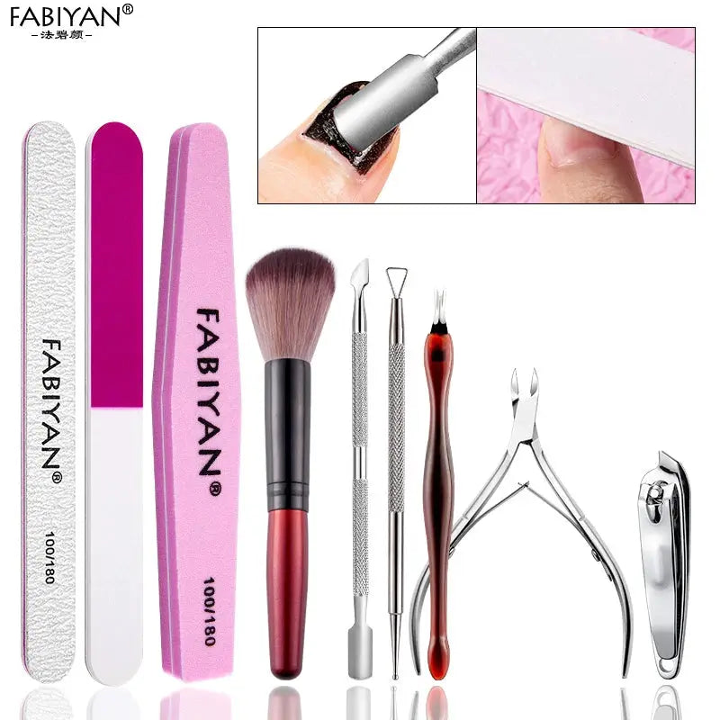 Manicure set with pink and white files, brush and cuticle tools; FABIYAN branded stainless steel kit