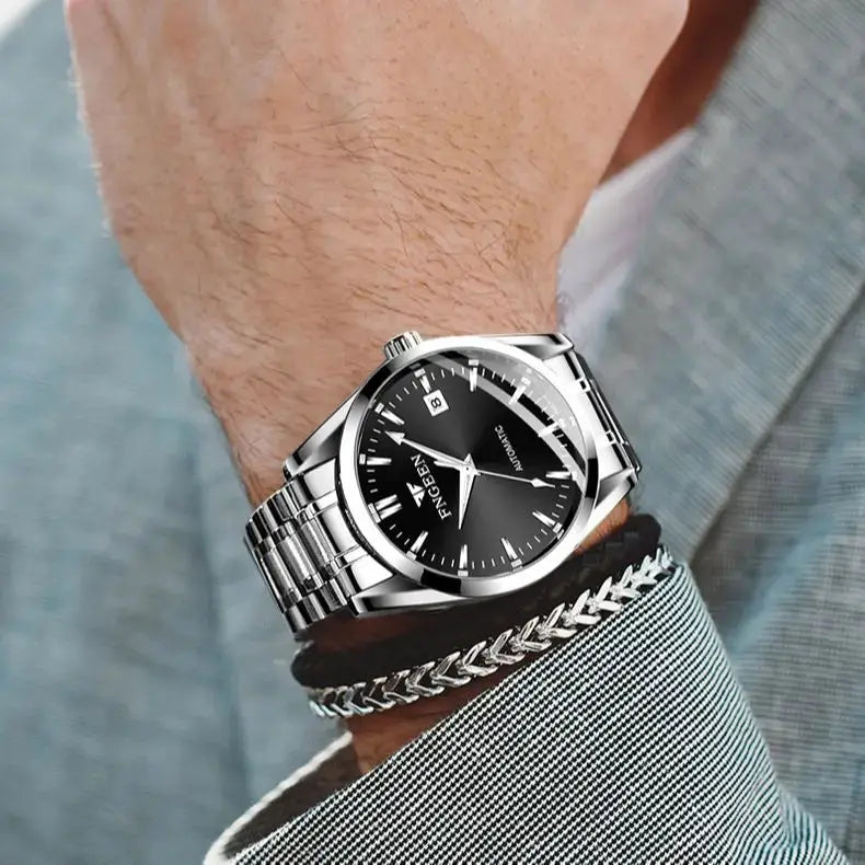 Men's stainless steel automatic watch with black dial, calendar date, and silver bracelet by Simples Market