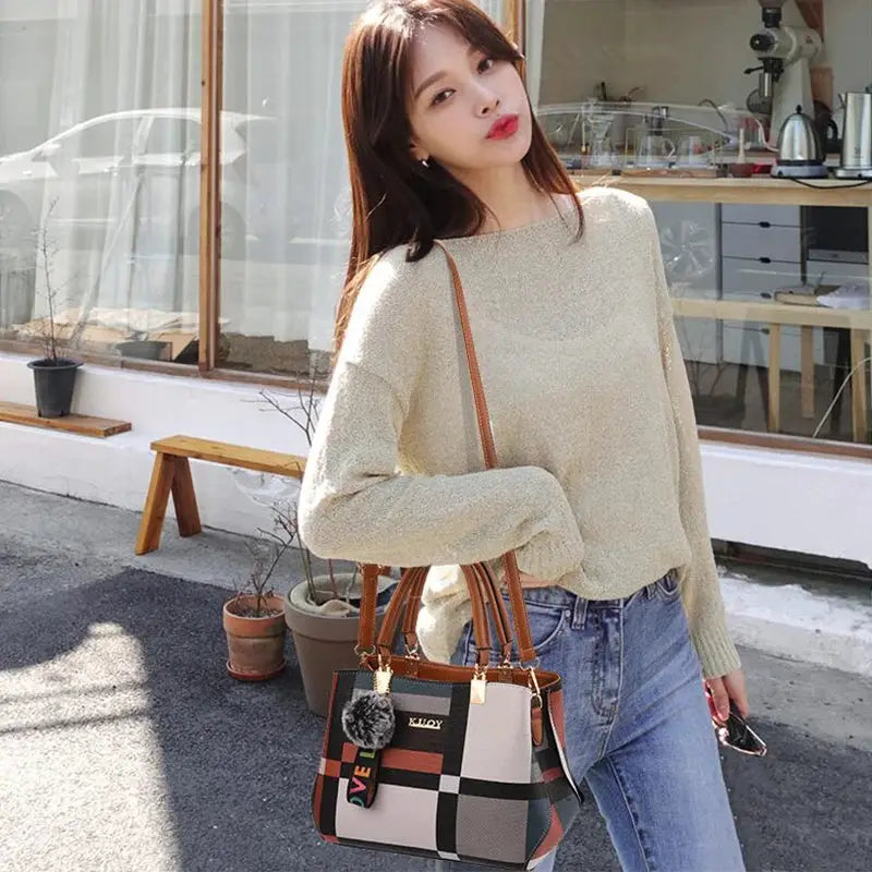 Patchwork PU leather crossbody handbag with brown top handles