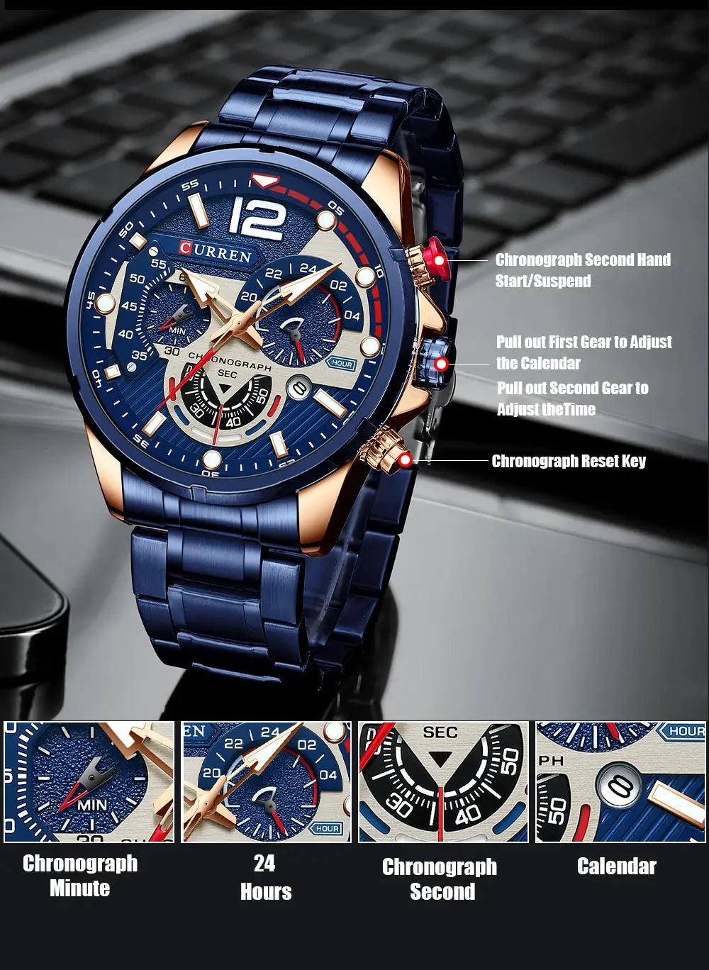 Curren men's chronograph watch with blue stainless steel band and rose-gold case