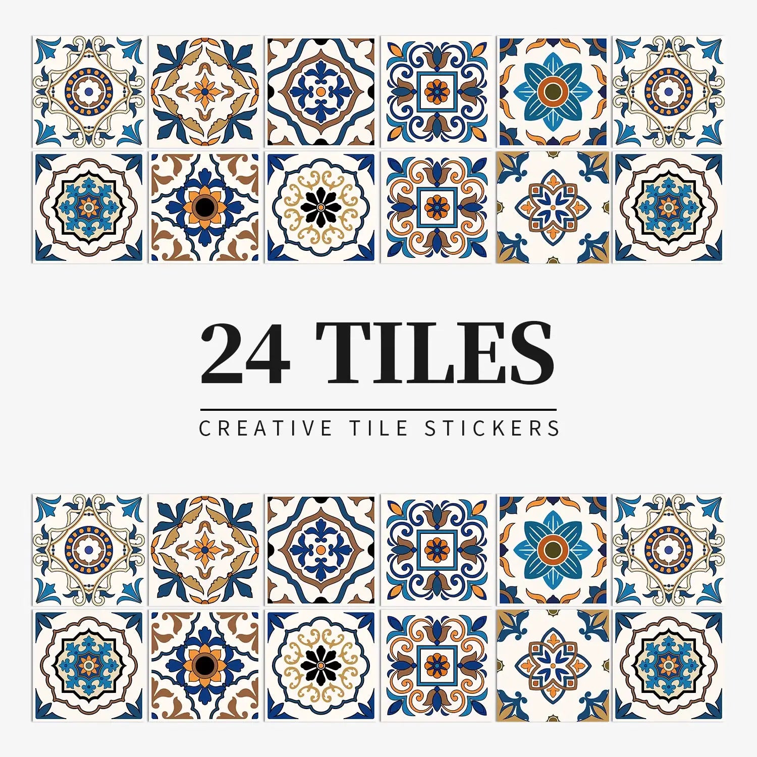 24-piece tile sticker set by Simples Market; waterproof, self-adhesive wall decals with blue/brown/orange patterns