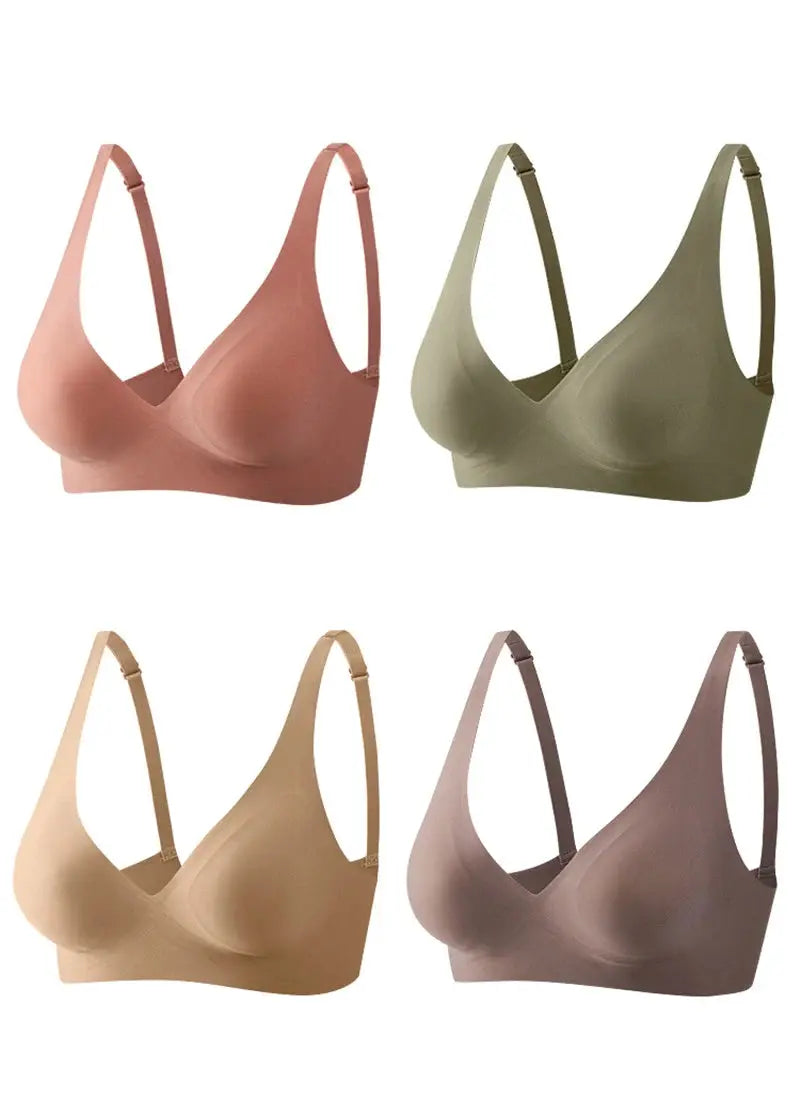 Six FINETOO soft wireless bras by Simples Market in assorted colors: pink, sage green, beige, tan, taupe, mauve