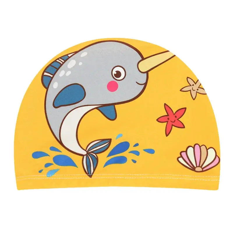 Kids Cartoon Swim Cap Elastic Fabric Pool Water Sports Ears Protection Hat Bathing Cap Boys Girls