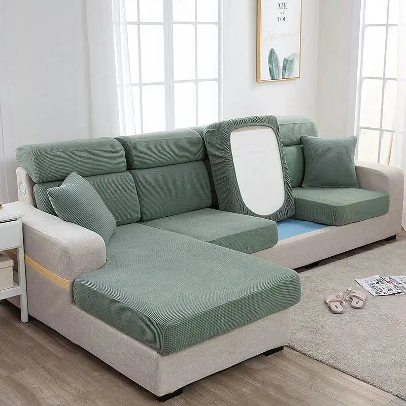 Sofa seat cover set in thick green elastic fabric for living room sectional couch