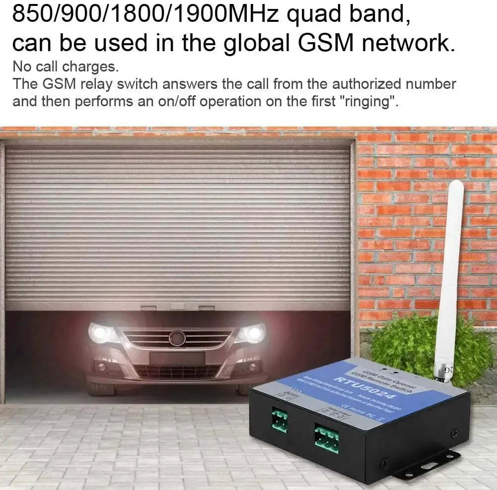 RTU5024 GSM gate opener relay switch by Simples Market; black enclosure with long antenna and green terminal blocks.