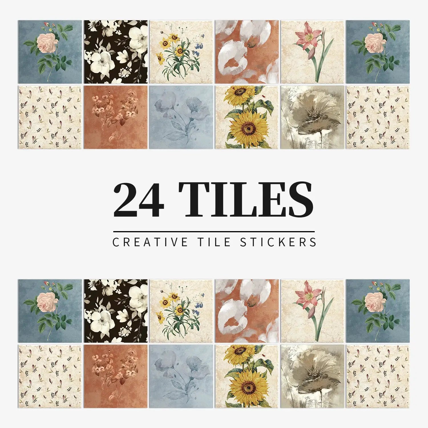 Simples Market 24-piece light-color tile sticker set with floral designs for kitchen and bathroom walls