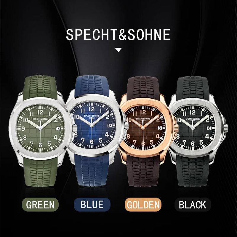 Specht&Sohne automatic sports watches; four watches in green, blue, golden, black with rubber straps