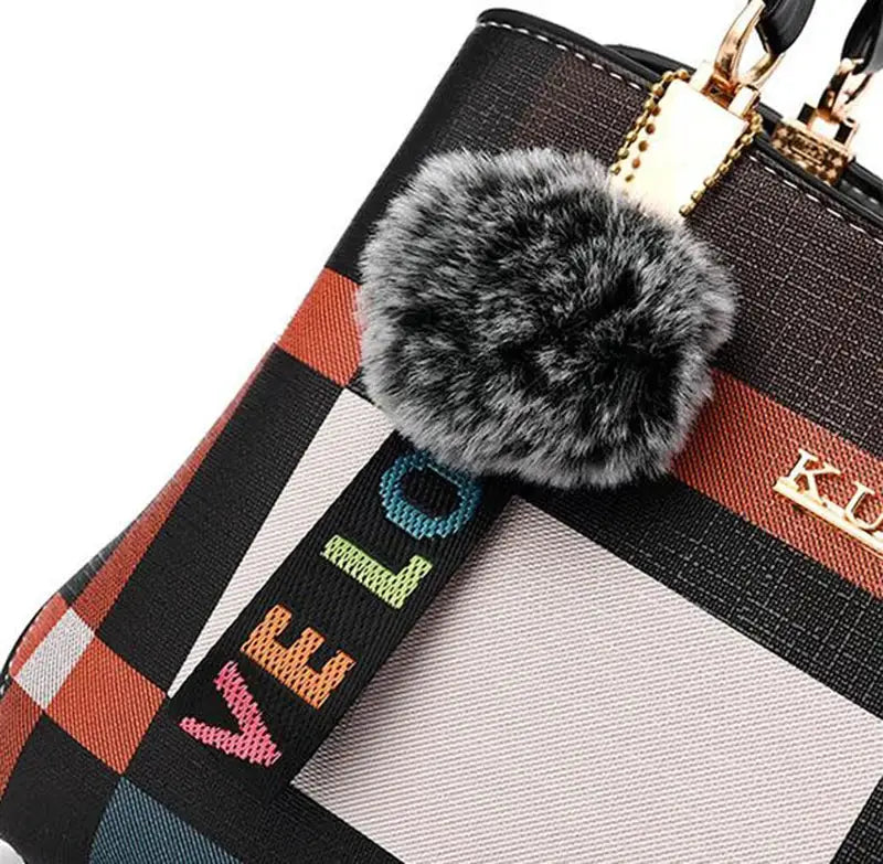 Simples Market elegant designer handbag crossbody; PU leather with colorful plaid pattern and fur pom-pom