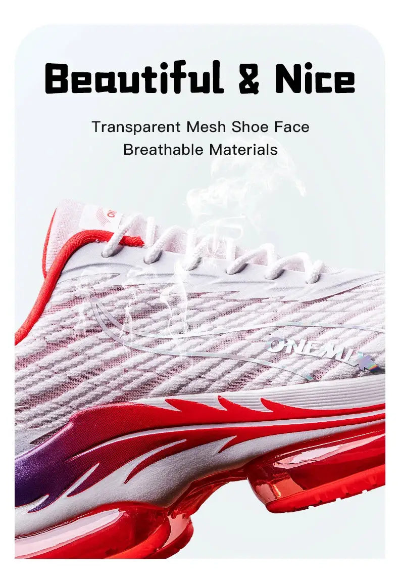 ONEMIX men's running shoes with breathable mesh, white and red accents, air-cushion sole