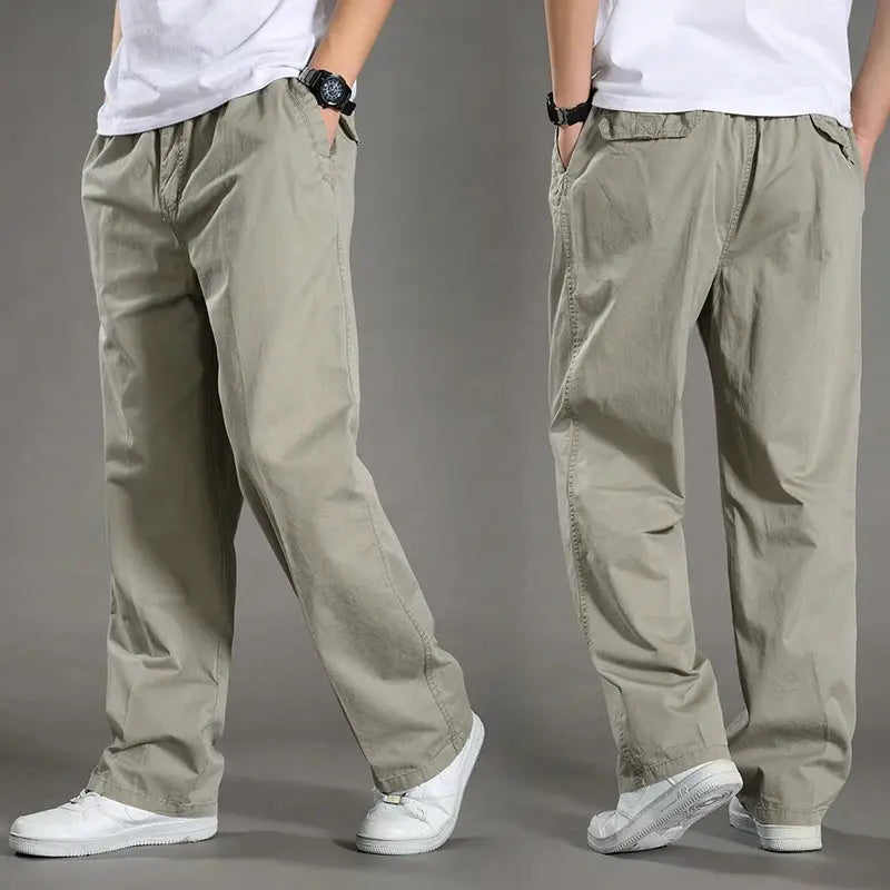 Men's cargo pants by Simples Market in khaki cotton, size 6XL; front and back views.