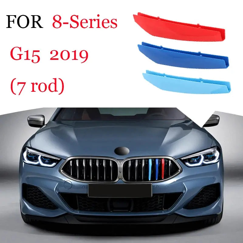 3Pcs BMW front grille trim strips by Simples Market in red, dark blue and light blue