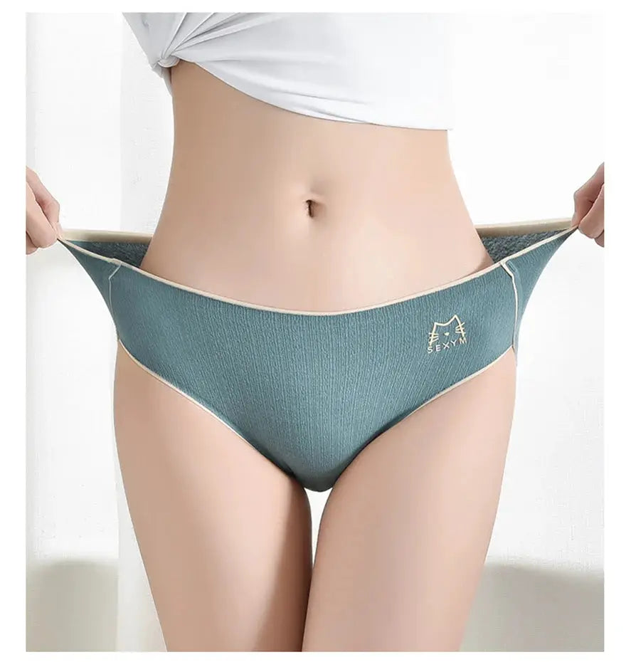 Women’s teal cotton antibacterial seamless panties with beige trim and hip logo