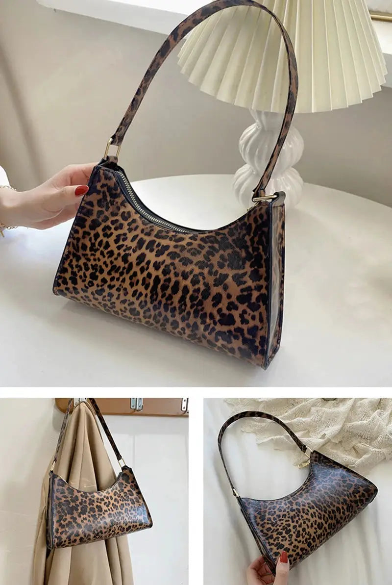 Leopard print PU leather shoulder bag with brown handle and top zipper