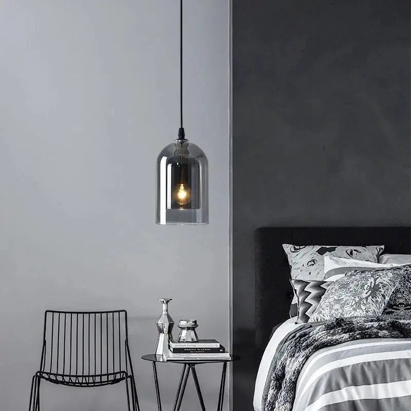 Led pendant lamp in gray glass with a clear dome, modern Nordic hanging light for bedroom