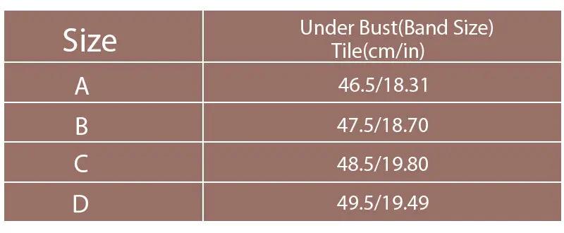 Simples Market Invisible Push Up Strapless Bra size chart with under bust measurements A–D.