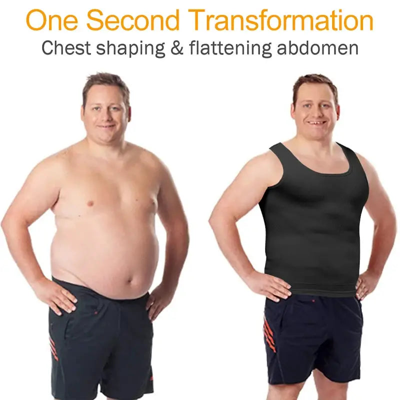 Mens Slimming Body Shaper Shapewear tank top by Simples Market black compression shirt for chest and abdomen dual view.
