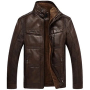 Leather jacket for men by Simples Market, brown with faux fur lining and zip pockets