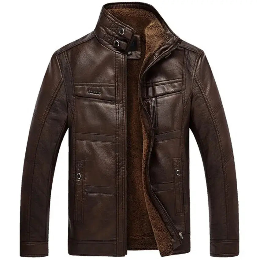 Leather jacket for men by Simples Market, brown with faux fur lining and zip pockets