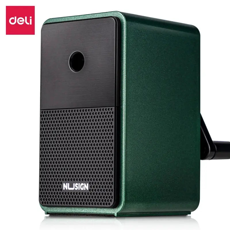 DELI adjustable pencil sharpener with hand crank, green metal body and black front panel.