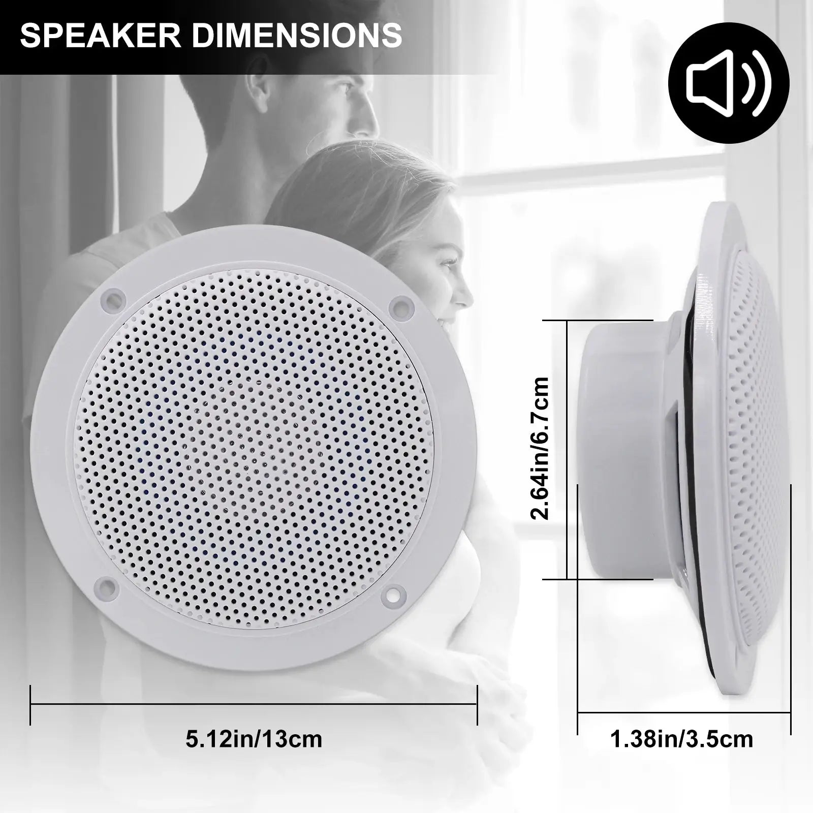 White round 4-inch ceiling speaker with perforated grille, indoor waterproof design