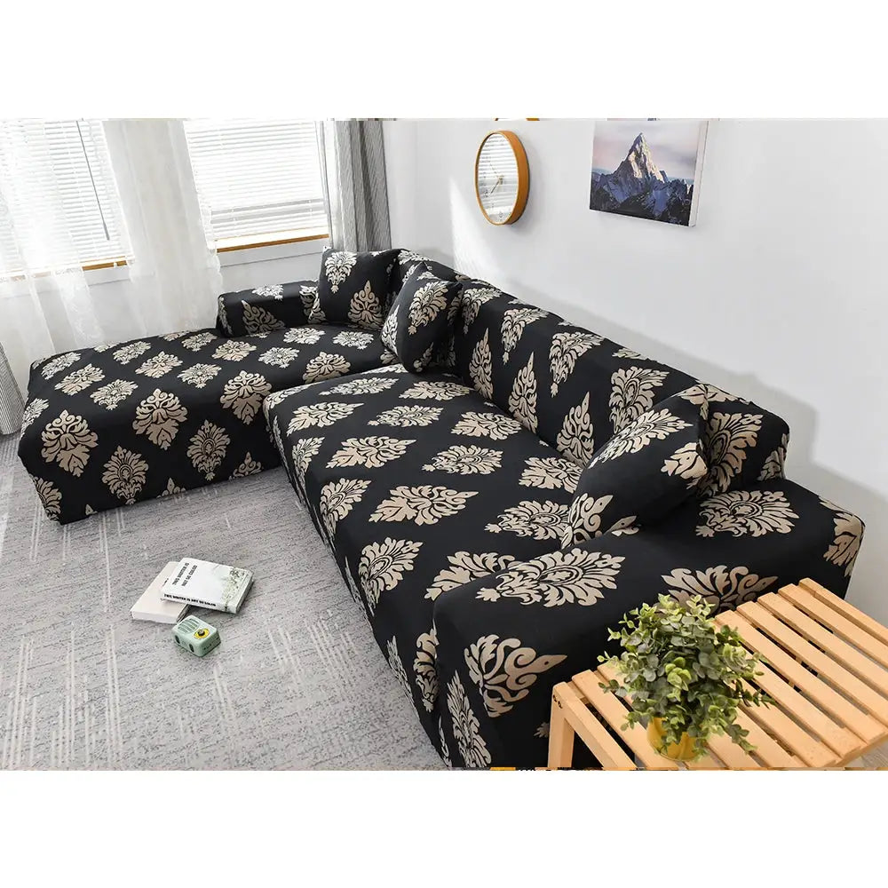 L-shaped sofa cover by Simples Market in black damask print