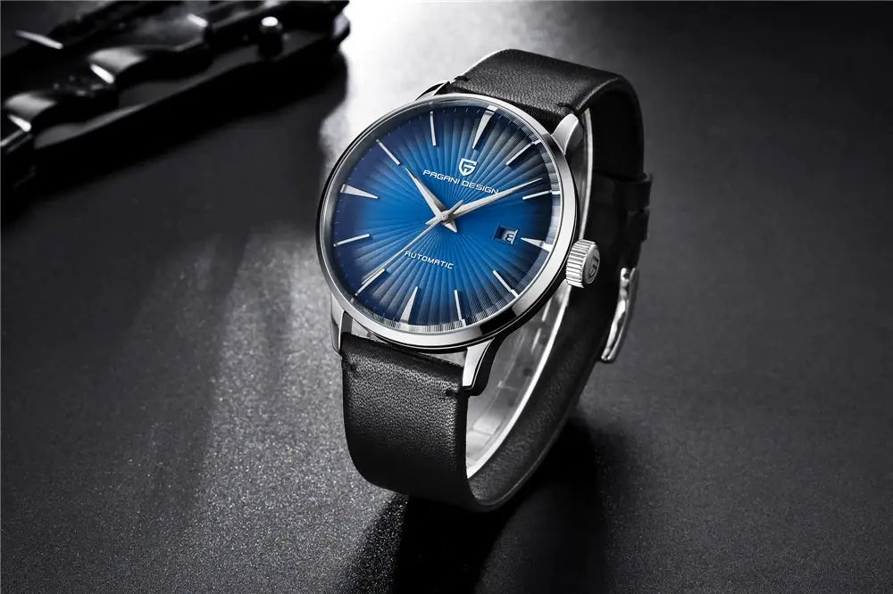 Pagani Design men's watch with blue sunburst dial, silver case, black leather strap, automatic movement