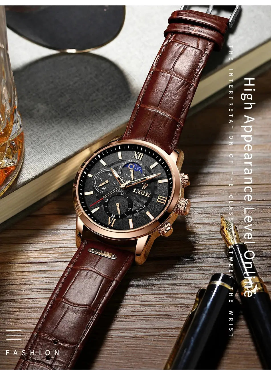 LIGE men's luxury leather quartz watch with brown crocodile-embossed strap and rose-gold case