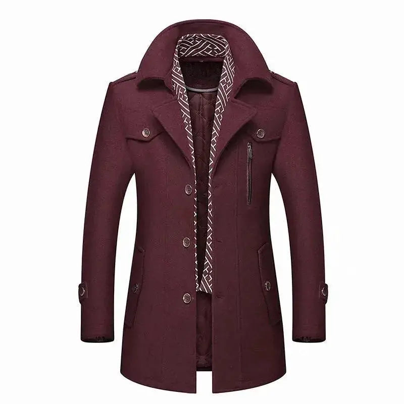 Simples Market men's maroon cotton-padded wool coat, mid-long trench overcoat with scarf collar and patterned lining